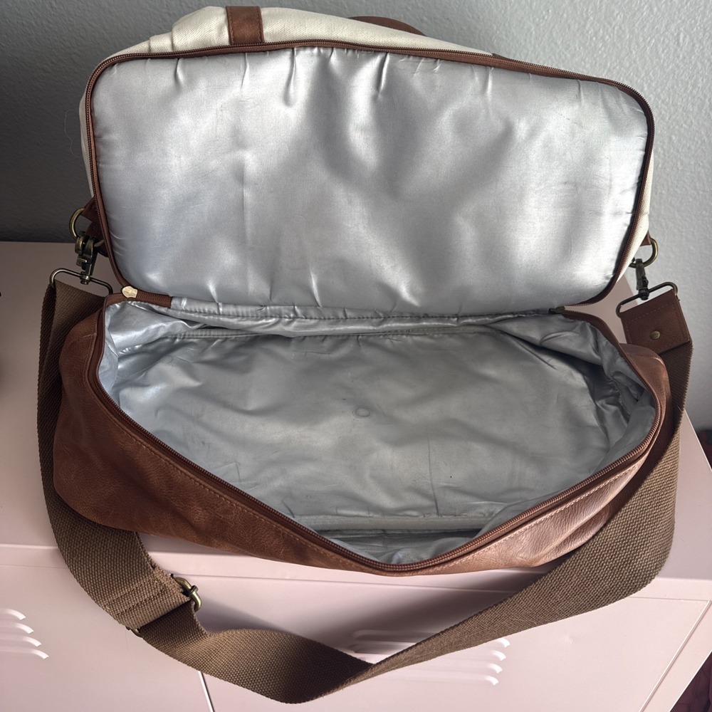 Canvas Weekender Carry-on Duffle Bag Cream/Brown Shoe Compartment/Laptop Sleeve - Picture 9 of 9
